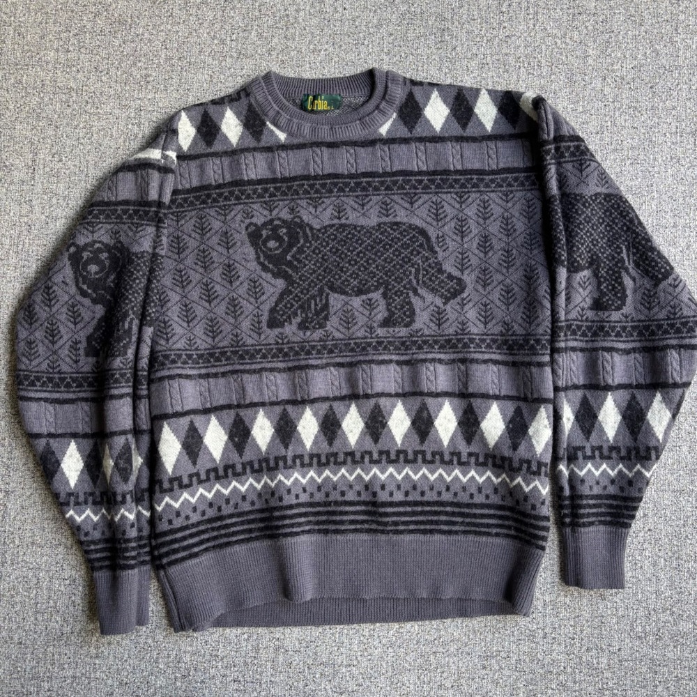 Sweater Women Large Grey Bear Fair Isle Argyle Cable Knit Wool Blend